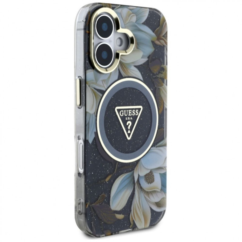 Guess Glitter Flowers Triangle Buttons MagSafe dėklas, skirtas Apple iPhone 16, juodas