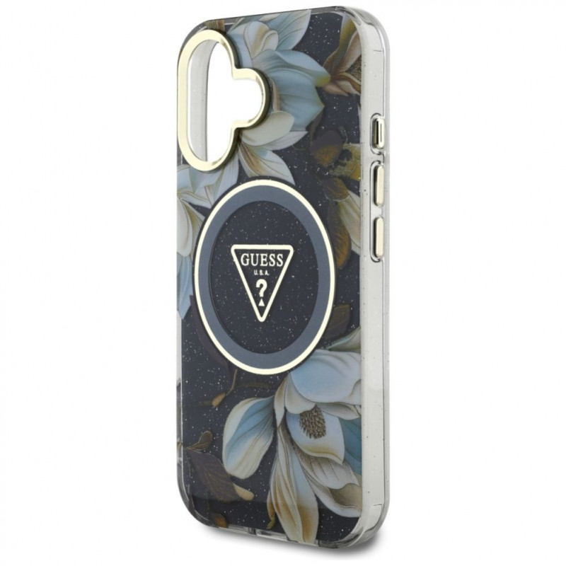 Guess Glitter Flowers Triangle Buttons MagSafe dėklas, skirtas Apple iPhone 16, juodas