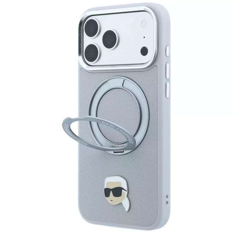 Karl Lagerfeld with Ring Stand 360 Karl Head Pin MagSafe dėklas, skirtas Apple iPhone 18 Pro / 17 Pro, pilkas (KF003235)