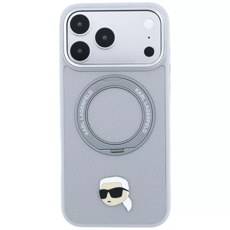 Karl Lagerfeld with Ring Stand 360 Karl Head Pin MagSafe dėklas, skirtas Apple iPhone 18 Pro / 17 Pro, pilkas (KF003235)