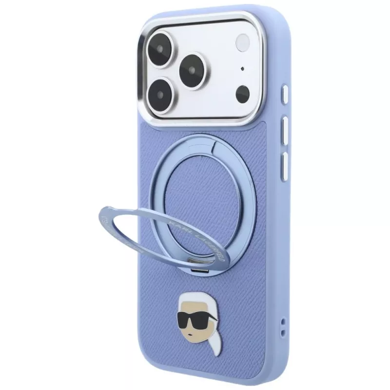 Karl Lagerfeld with Ring Stand 360 Karl Head Pin MagSafe dėklas, skirtas Apple iPhone 18 Pro Max / 17 Pro Max, šviesiai mėlynas (KF003238)