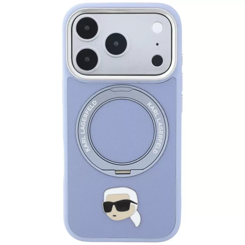 Karl Lagerfeld with Ring Stand 360 Karl Head Pin MagSafe dėklas, skirtas Apple iPhone 18 Pro Max / 17 Pro Max, šviesiai mėlynas (KF003238)