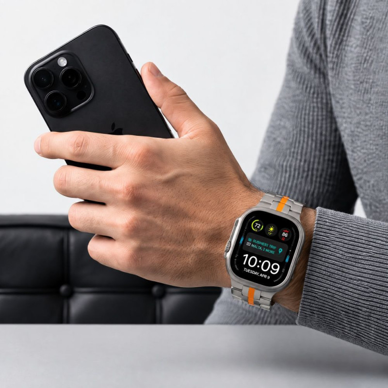 Tech-Protect Stainless THP6100 Apple Watch 8 / 9 / 10 / 11 / 12 / SE / Ultra 44/45/46/49 mm nerūdijančio plieno apyrankė, Titanium/Orange