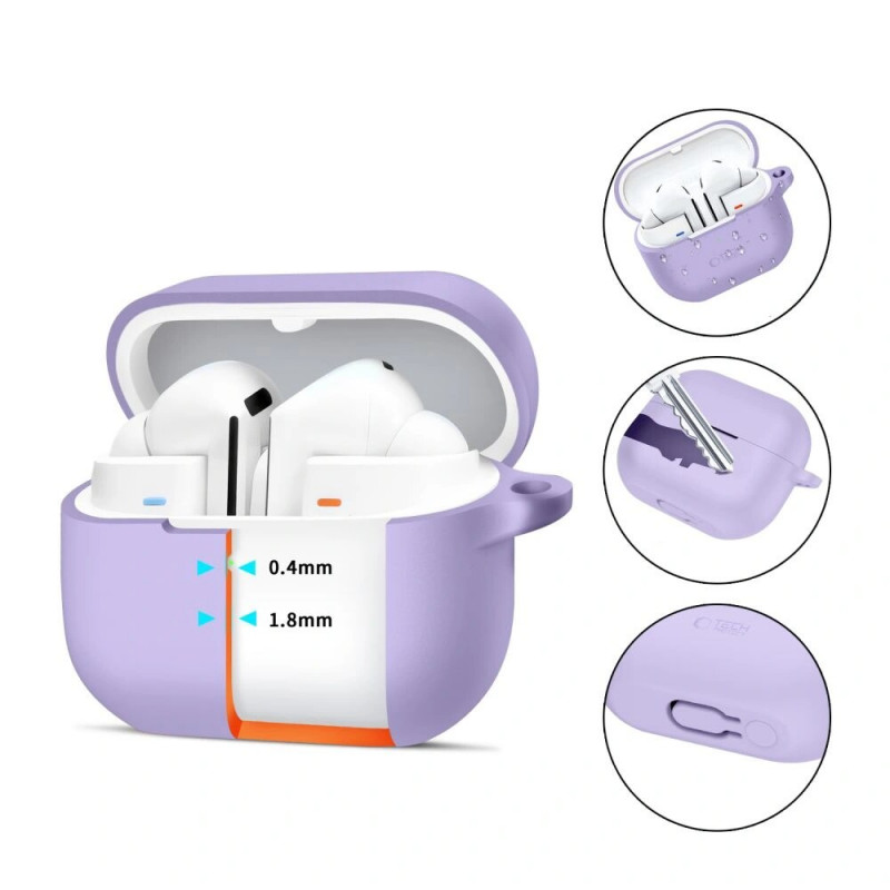 Tech-Protect silikoninis dėklas su kabliuku Samsung Galaxy Buds 3 / 3 FE / 3 Pro, levandų spalvos