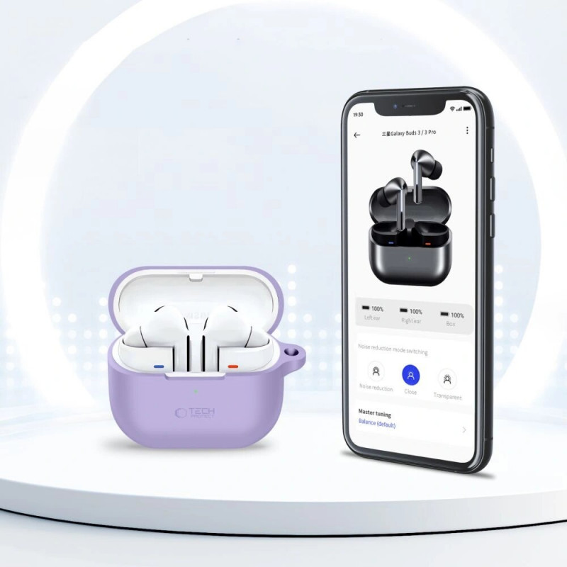 Tech-Protect silikoninis dėklas su kabliuku Samsung Galaxy Buds 3 / 3 FE / 3 Pro, levandų spalvos