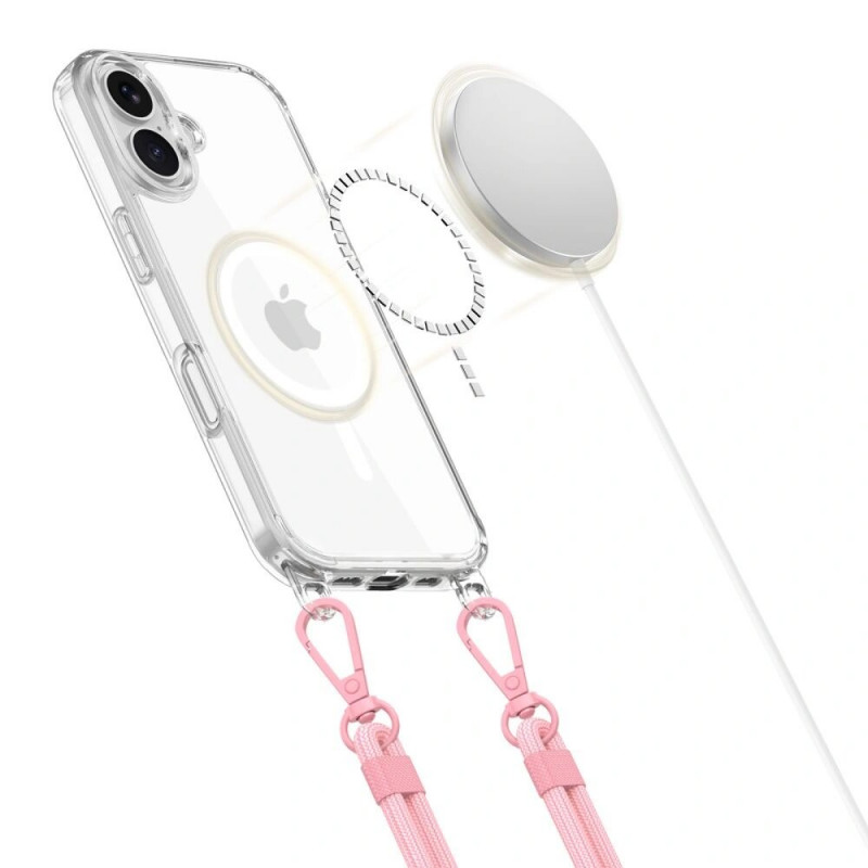 Tech-Protect Tech-Protect FlexAir Chain MagSafe dėklas, skirtas Apple iPhone 16, permatomas, su pilku ir rožiniu pakabukais
