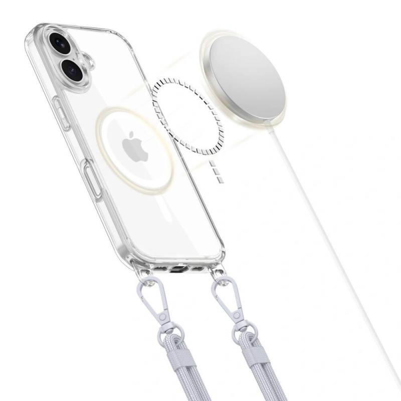 Tech-Protect Tech-Protect FlexAir Chain MagSafe dėklas, skirtas Apple iPhone 16, permatomas, su pilku ir rožiniu pakabukais