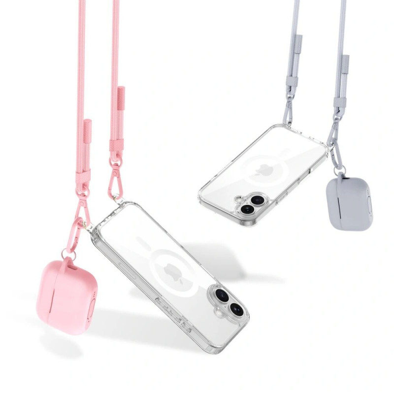 Tech-Protect Tech-Protect FlexAir Chain MagSafe dėklas, skirtas Apple iPhone 16, permatomas, su pilku ir rožiniu pakabukais