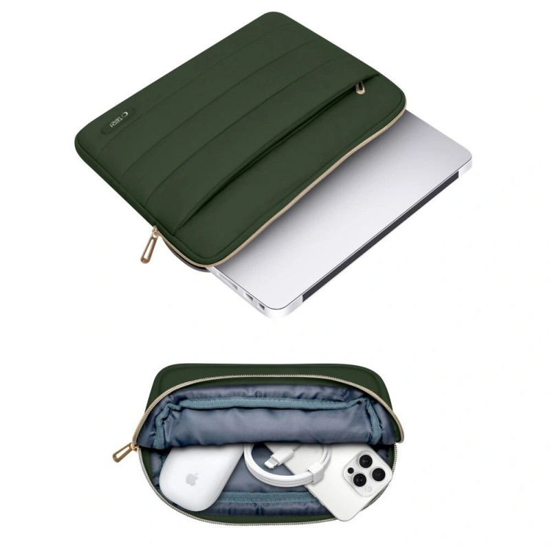 Tech-Protect Puffy 15-16" nešiojamojo kompiuterio dėklas su priedų krepšeliu, Army Green