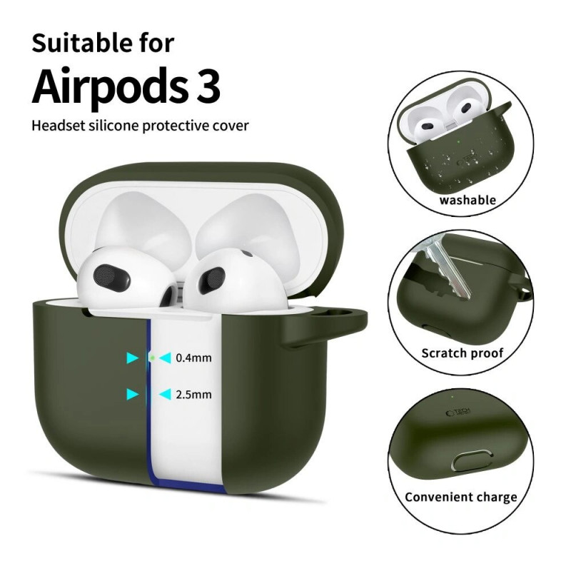 Tech-Protect silikoninis Silicone Hook dėklas, skirtas Apple AirPods 3, su karabinu, Olive Green