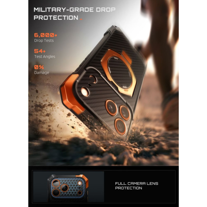Supcase UB Grip Mag MagSafe Aramid dėklas, skirtas Apple iPhone 17 Pro Max / 18 Pro Max, juodas/oranžinis