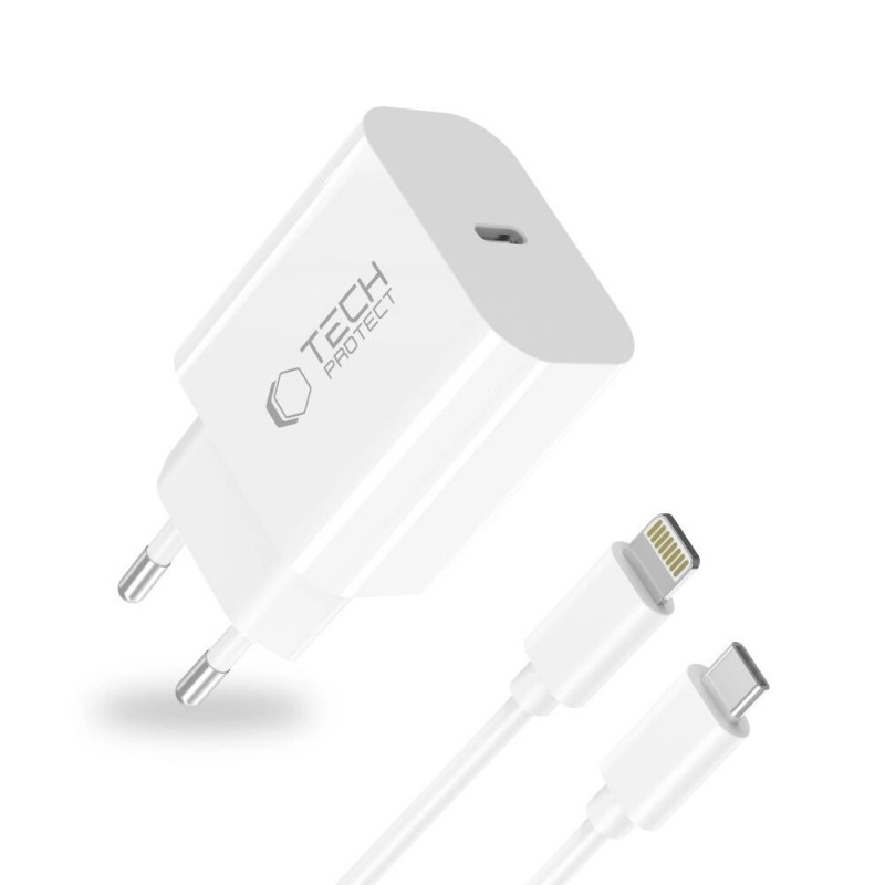 Tech-Protect NC20W 1 prievado USB-C sieninis įkroviklis PD 20W su Lightning kabeliu, baltas, 100 cm