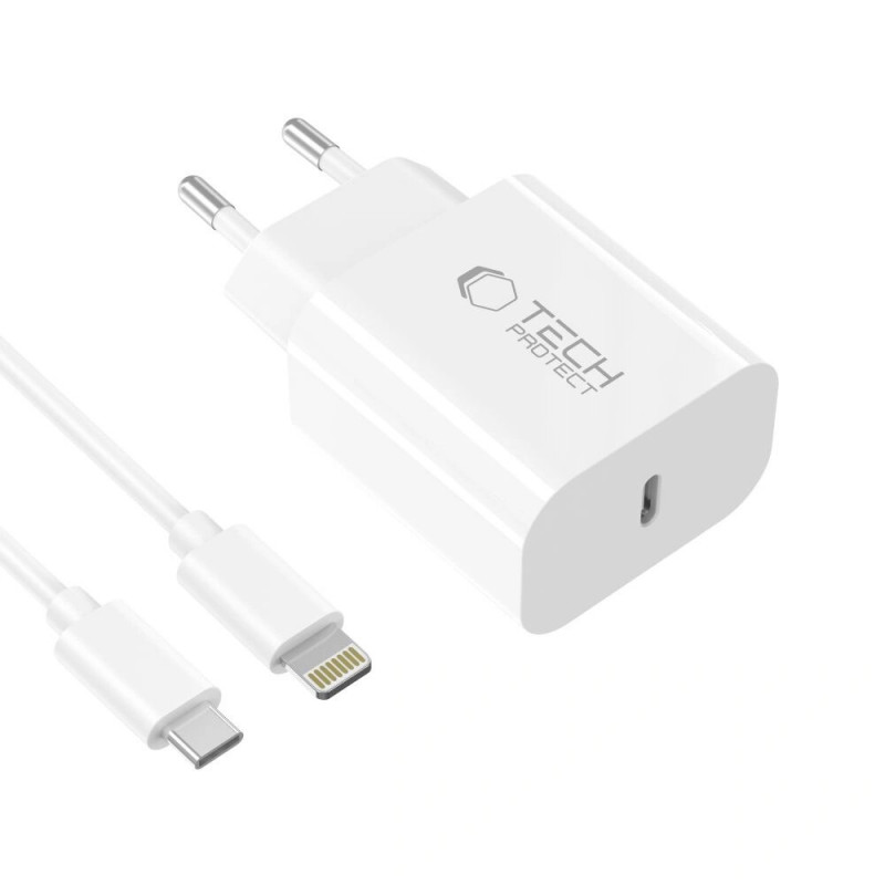 Tech-Protect NC20W 1 prievado USB-C sieninis įkroviklis PD 20W su Lightning kabeliu, baltas, 100 cm