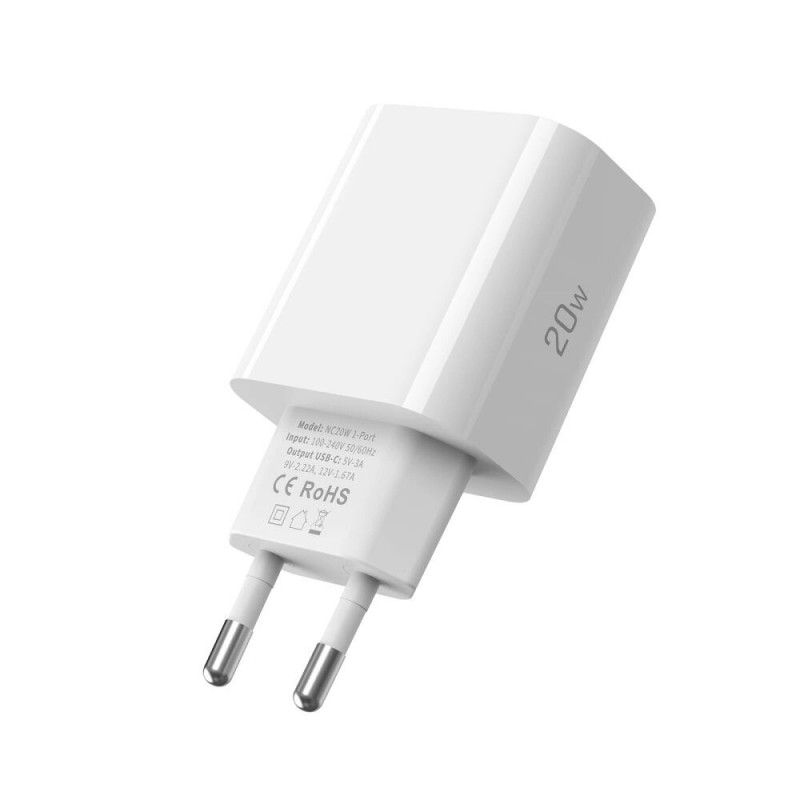 Tech-Protect NC20W 1 prievado USB-C sieninis įkroviklis PD 20W su Lightning kabeliu, baltas, 100 cm