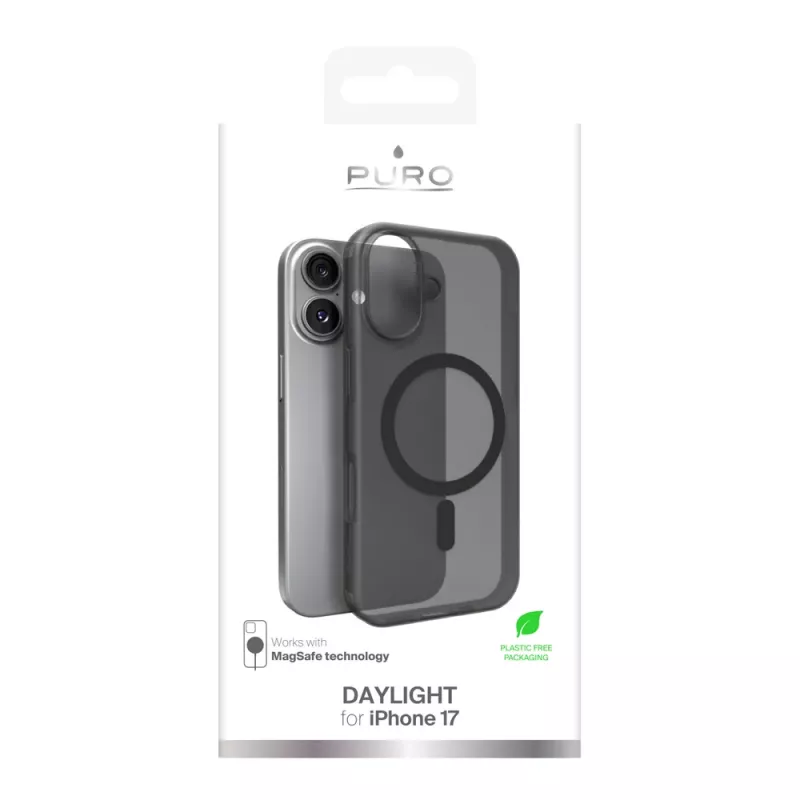 Puro Daylight su MagSafe suderinamas silikoninis iPhone 17 dėklas, permatomai juodas