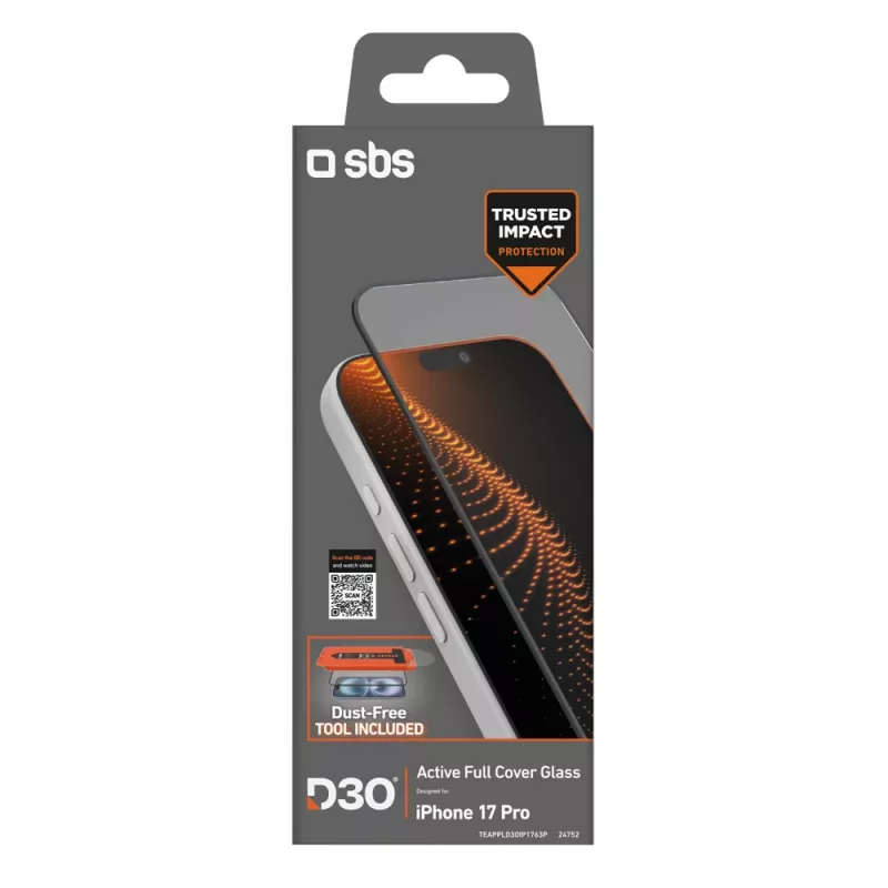 SBS D3O grūdintas stiklas su aplikatoriumi, skirtas iPhone 17 Pro (1 vnt.)