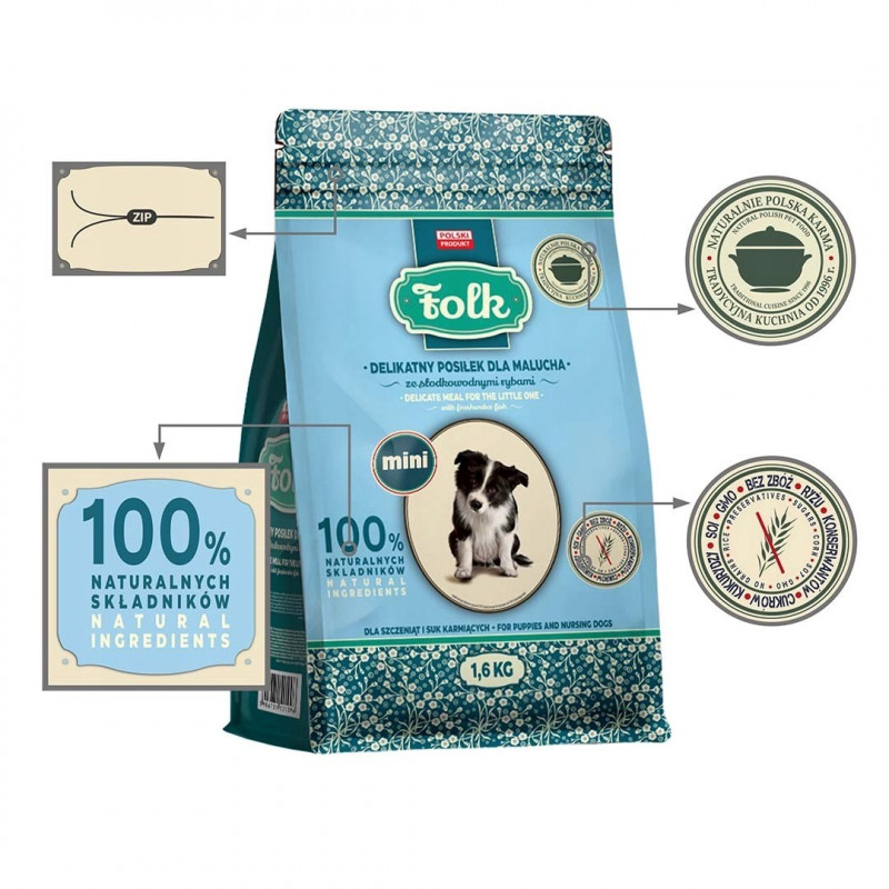 FOLK Delicate Meal for Puppies with Freshwater Fish Mini sausas šunų maistas šuniukams, 1,6 kg