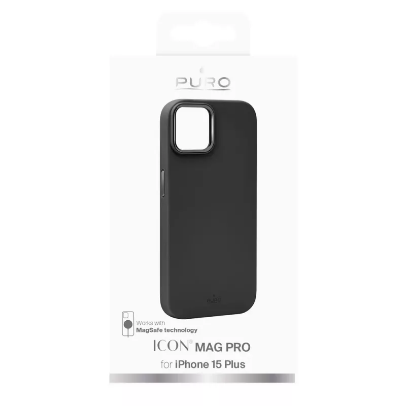 Puro Icon Mag Pro MagSafe silikono dėklas su metaliniais mygtukais, skirtas Apple iPhone 15 Plus, juodas