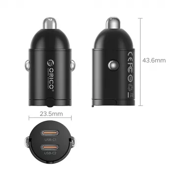 Orico MiniRing MR-30-2C 30W 2x USB-C automobilinis įkroviklis, juodas