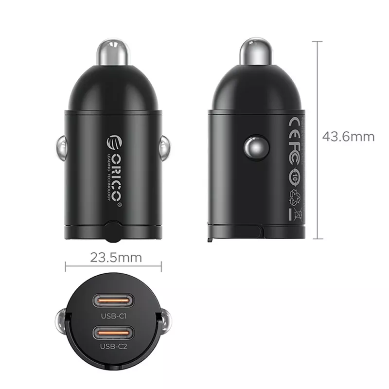 Orico MiniRing MR-30-2C 30W 2x USB-C automobilinis įkroviklis, juodas