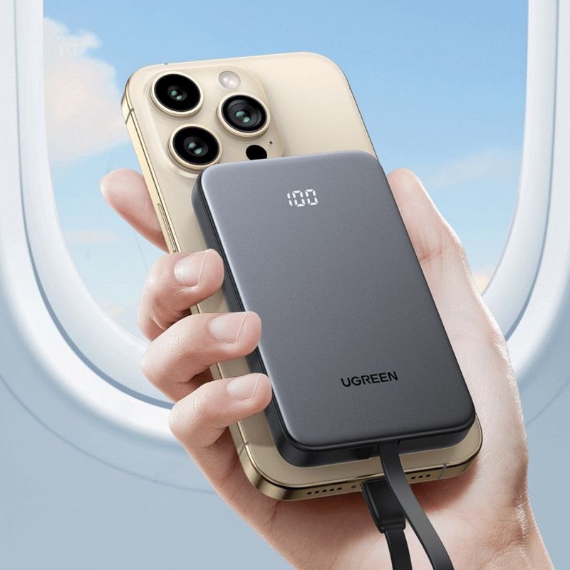 UGREEN PB526 10000mAh 20W nešiojamas įkroviklis su įmontuotu USB-C kabeliu