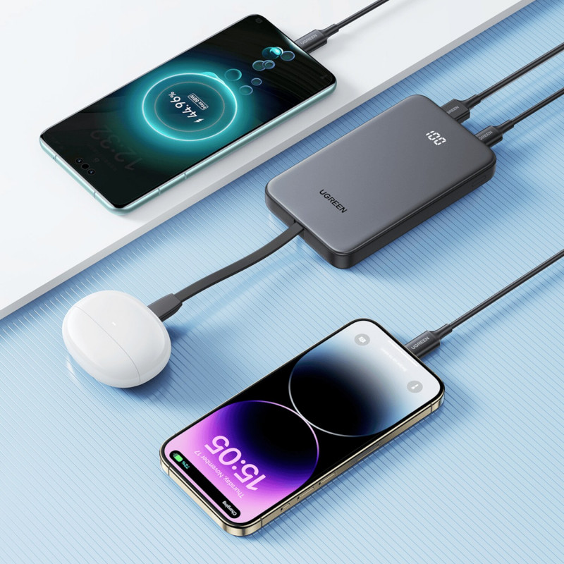 UGREEN PB526 10000mAh 20W nešiojamas įkroviklis su įmontuotu USB-C kabeliu