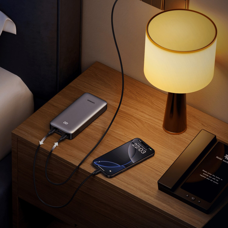 UGREEN PB532 20000mAh 30W dvipusio greitojo įkrovimo power bank, 2x USB-C, USB-A, pilkas