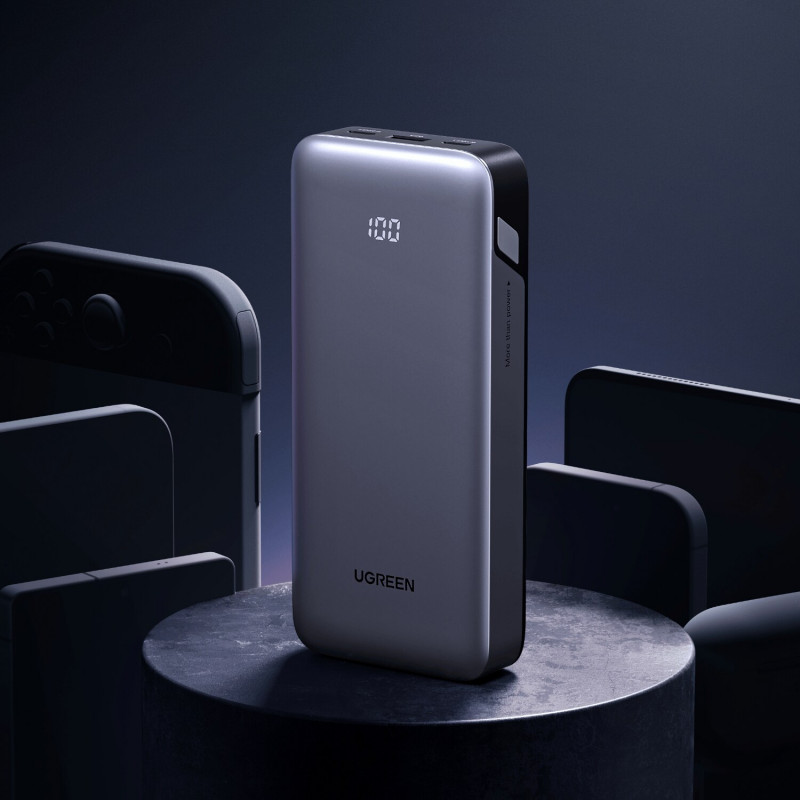 UGREEN PB532 20000mAh 30W dvipusio greitojo įkrovimo power bank, 2x USB-C, USB-A, pilkas