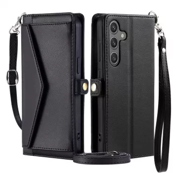 Hurtel Samsung Galaxy A56 5G PU odinis dėklas su pinigine, atlenkiama funkcija ir dirželiais, juodas