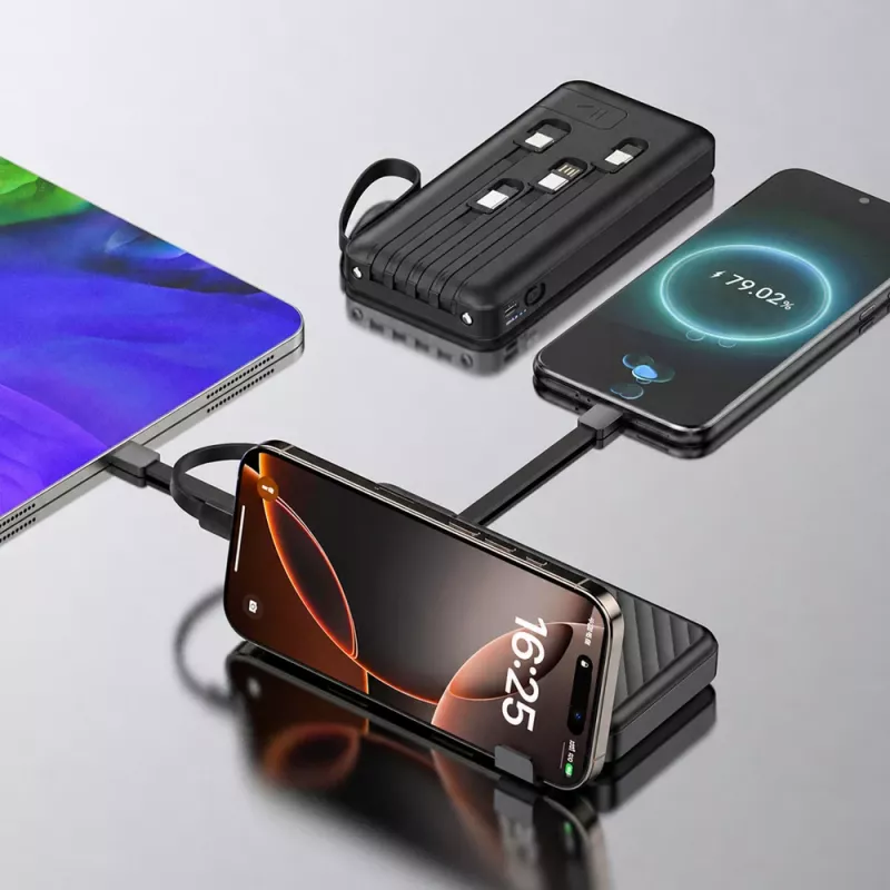 Wozinsky W11-B 10000mAh 10W nešiojamas įkroviklis su įmontuotais kabeliais ir žibintuvėliu, juodas