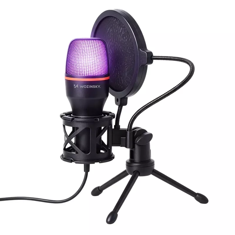 Wozinsky WM-W111 laidinis studijinis žaidimų mikrofonas su stovu ir RGB apšvietimu, juodas