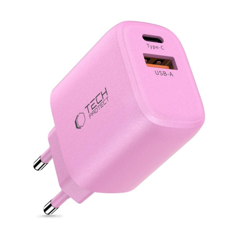 Tech-Protect NCA30 USB-A, USB-C tinklo įkroviklis PD 30W / QC3.0 Baby Pink