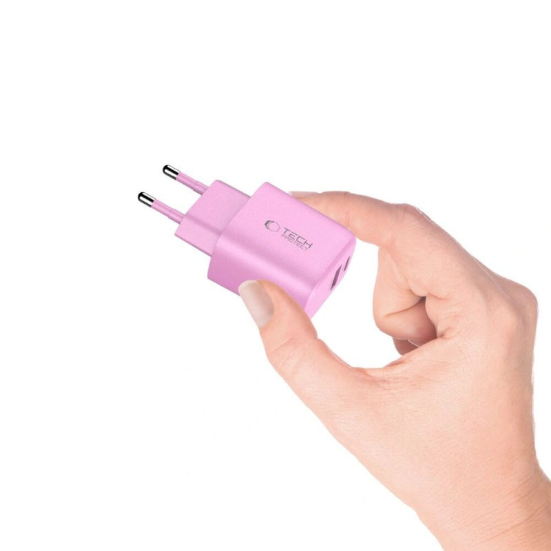 Tech-Protect NCA30 USB-A, USB-C tinklo įkroviklis PD 30W / QC3.0 Baby Pink