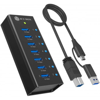 ICY BOX IB-AC618a 7 prievadų USB 3.2 Gen 2 šakotuvas, aliuminis, 12 V