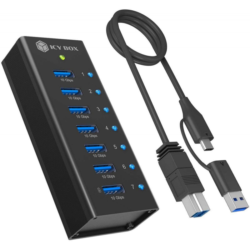 ICY BOX IB-AC618a 7 prievadų USB 3.2 Gen 2 šakotuvas, aliuminis, 12 V