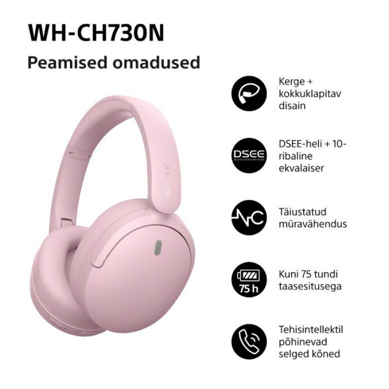 Sony WH-CH730N belaidės Bluetooth ausinės su mikrofonu, rožinės
