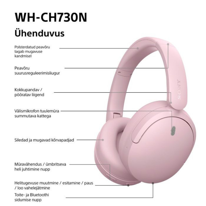 Sony WH-CH730N belaidės Bluetooth ausinės su mikrofonu, rožinės