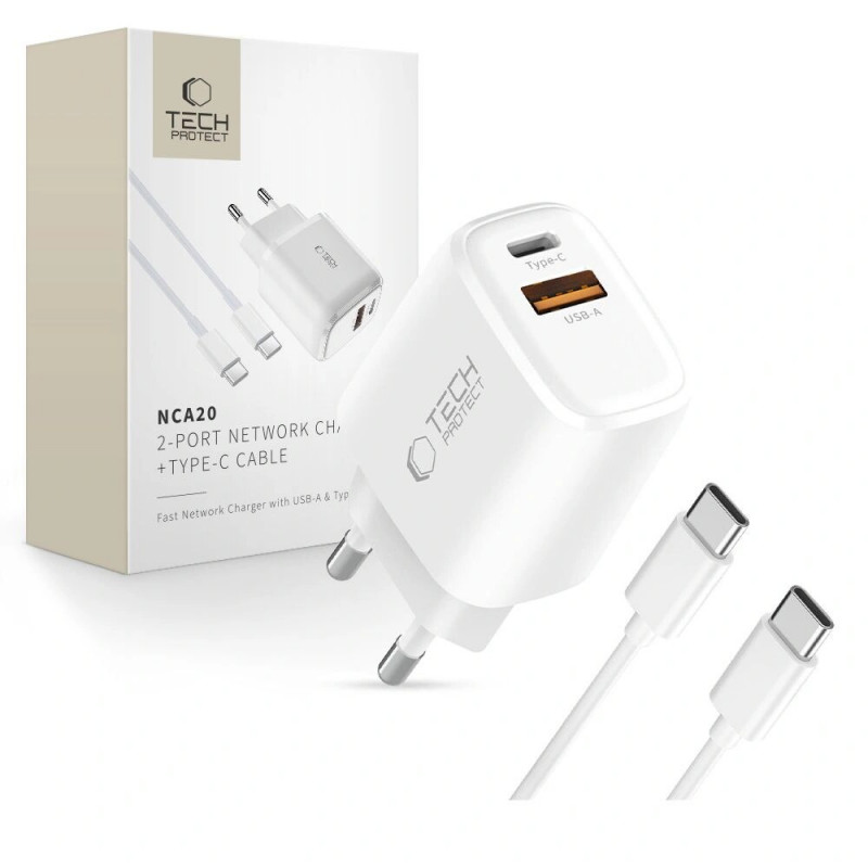 Tech-Protect NCA20 USB-A / USB-C sieninis įkroviklis PD 20W / QC3.0 su USB-C / USB-C kabeliu 100 cm, baltas