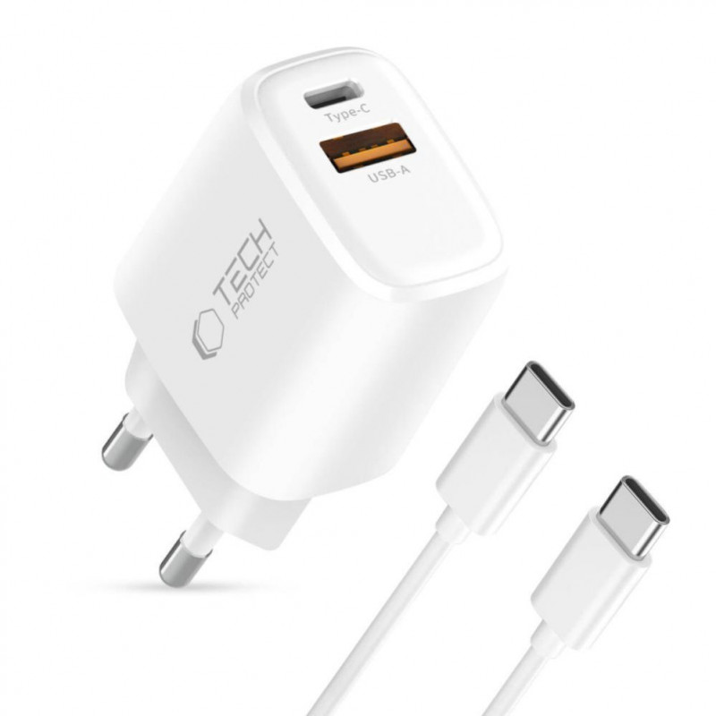 Tech-Protect NCA20 USB-A / USB-C sieninis įkroviklis PD 20W / QC3.0 su USB-C / USB-C kabeliu 100 cm, baltas