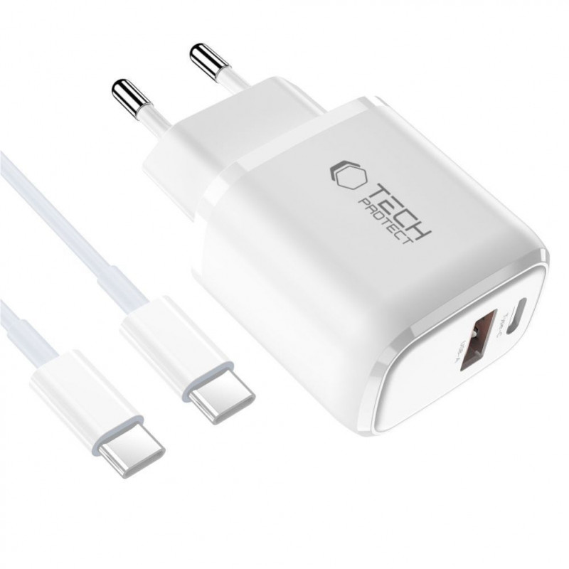Tech-Protect NCA20 USB-A / USB-C sieninis įkroviklis PD 20W / QC3.0 su USB-C / USB-C kabeliu 100 cm, baltas