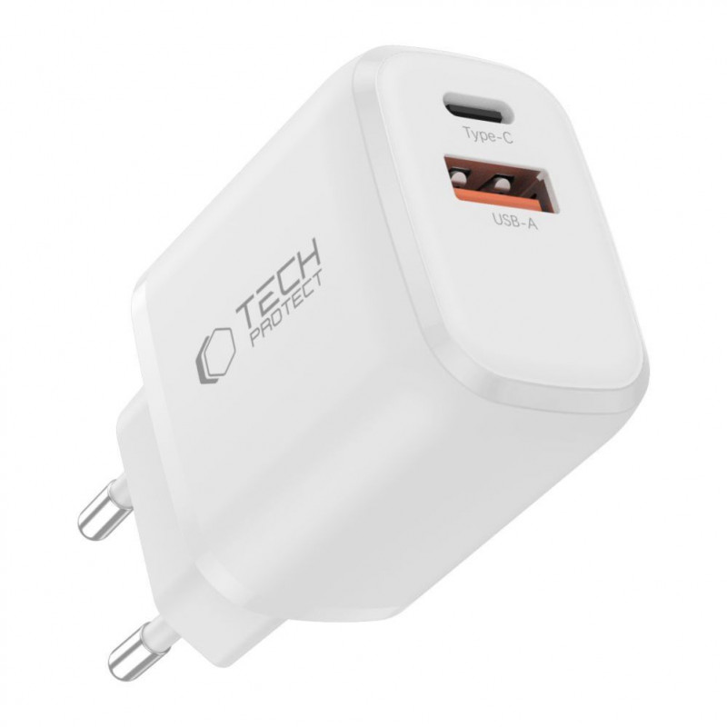 Tech-Protect NCA20 USB-A / USB-C sieninis įkroviklis PD 20W / QC3.0 su USB-C / USB-C kabeliu 100 cm, baltas