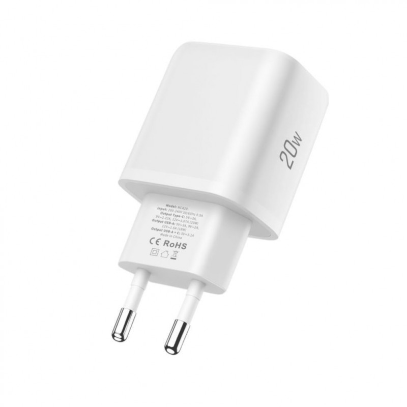 Tech-Protect NCA20 USB-A / USB-C sieninis įkroviklis PD 20W / QC3.0 su USB-C / USB-C kabeliu 100 cm, baltas
