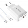 Tech-Protect NCA20 USB-A / USB-C sieninis įkroviklis PD 20W / QC3.0 su USB-C / Lightning kabeliu 100 cm, baltas