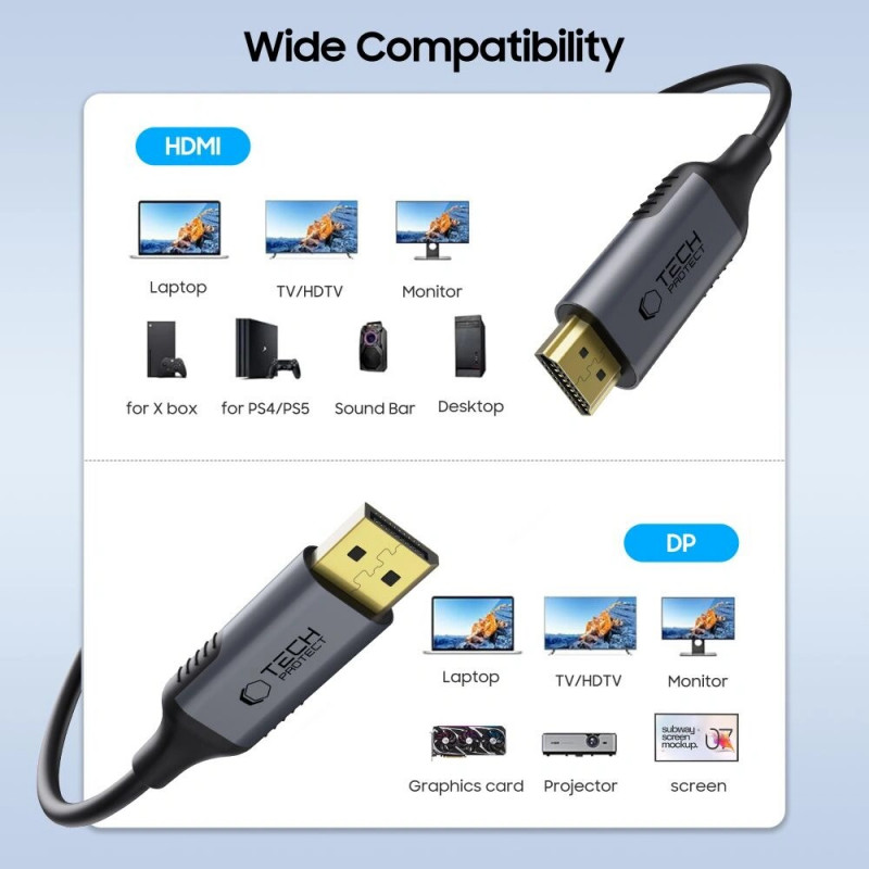 Tech-Protect UltraBoost DisplayPort / HDMI 2.0 kabelis, 4K 60 Hz, 200 cm, juodas
