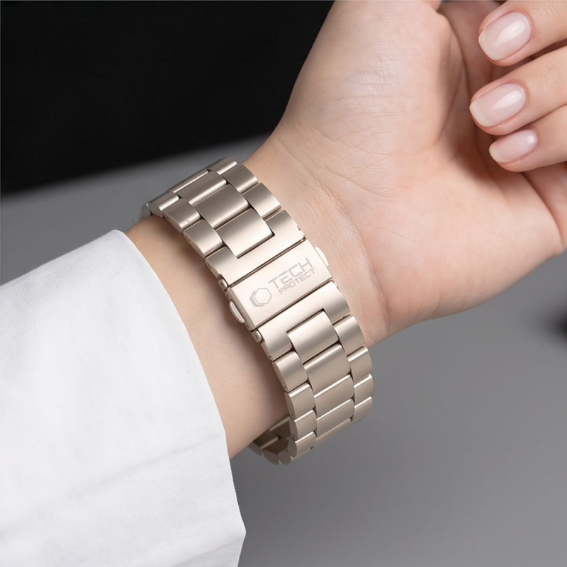Tech-Protect Stainless nerūdijančio plieno apyrankė, skirta Apple Watch 8 / 9 / 10 / 11 / 12 / SE / Ultra (44 / 45 / 46 / 49 mm), Starlight