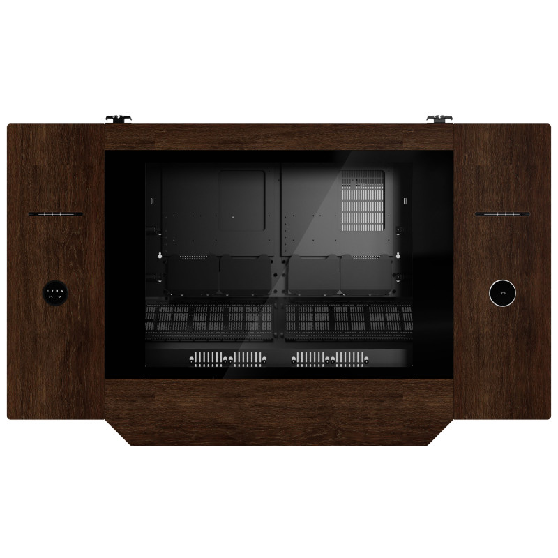 Lian Li DK07 stalviršio korpusas Wood Edition, dviejų sistemų palaikymas, 2x E-ATX, reguliuojamo aukščio, riešutmedžio / juodas