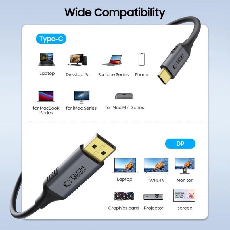 Tech-Protect UltraBoost USB-C – DisplayPort 1.4 kabelis, 8K 60Hz, 180 cm, juodas
