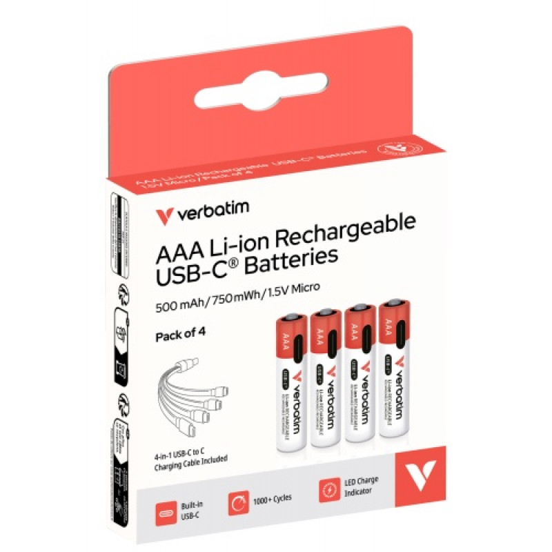 Verbatim 30250 USB-C įkraunamos baterijos Li-ion AAA 500 mAh (4 vnt.)
