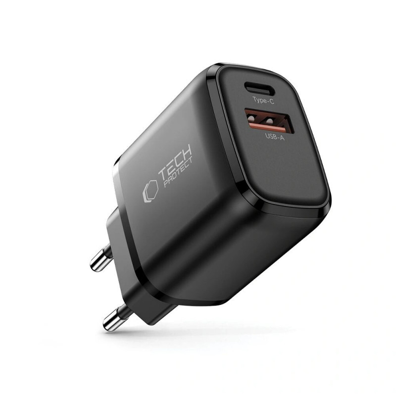 Tech-Protect NCA30 USB-A, USB-C sieninis įkroviklis PD 30W / QC3.0, juodas