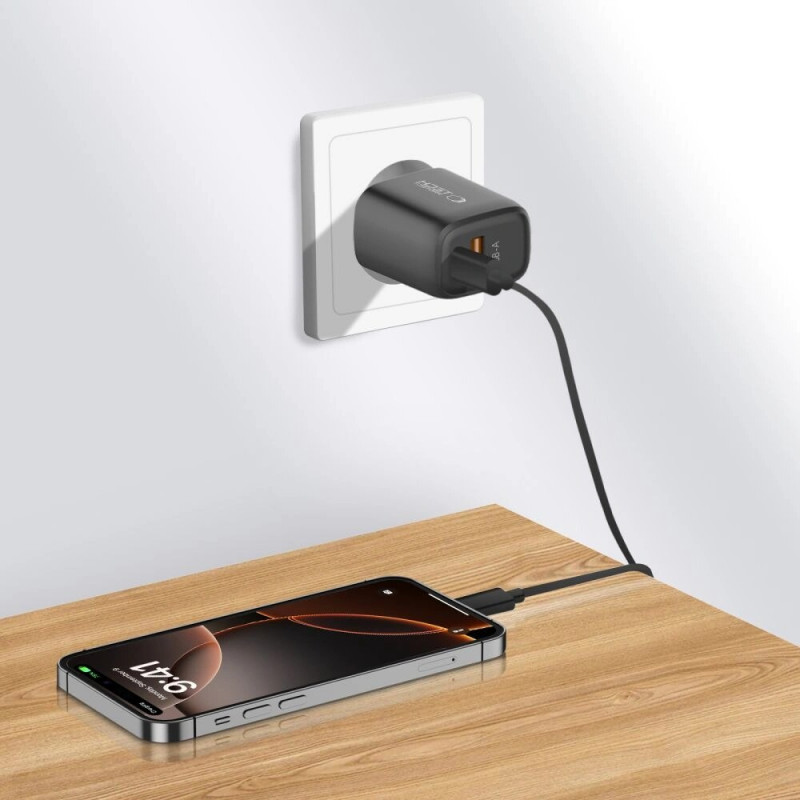 Tech-Protect NCA30 USB-A, USB-C sieninis įkroviklis PD 30W / QC3.0, juodas